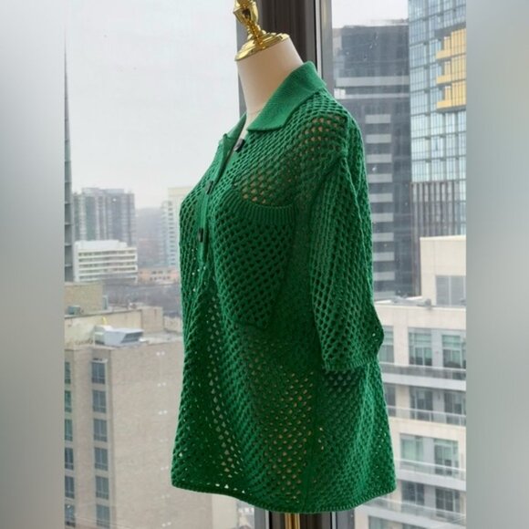 🆕 FARM Rio 🧿 NWOT Kelly Green Crochet Collared Polo, Sz L - Picture 6 of 14